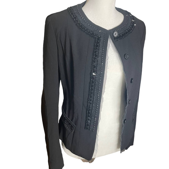 DKNY Embellished Black Lace Trim Wool Blend Blazer Jacket Women's Size 2 Event - Picture 4 of 16